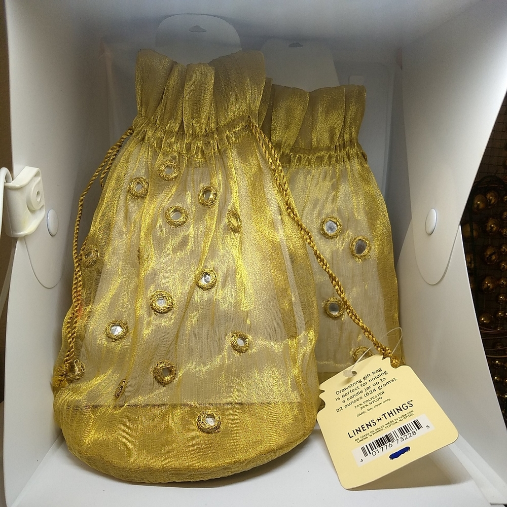 Lot of 2 Large Embroidered Yellow Gold Organza Mirrored Embellished Drawstring